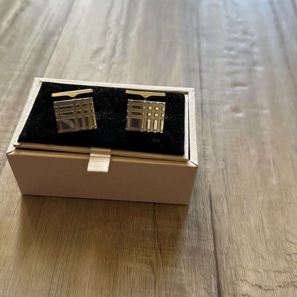 Burberry Silver Tone Check Logo Cuff Links